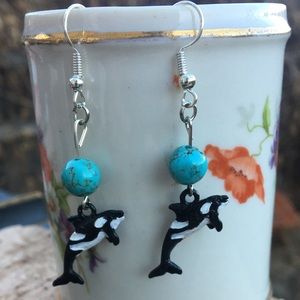 Turquoise Magnesite Orca Whale Earrings
